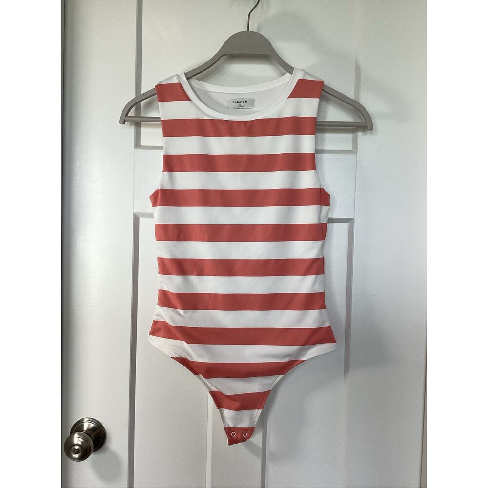 Babaton Women's Striped Sleeveless Tank Top Pullover Pink and White Size Medium